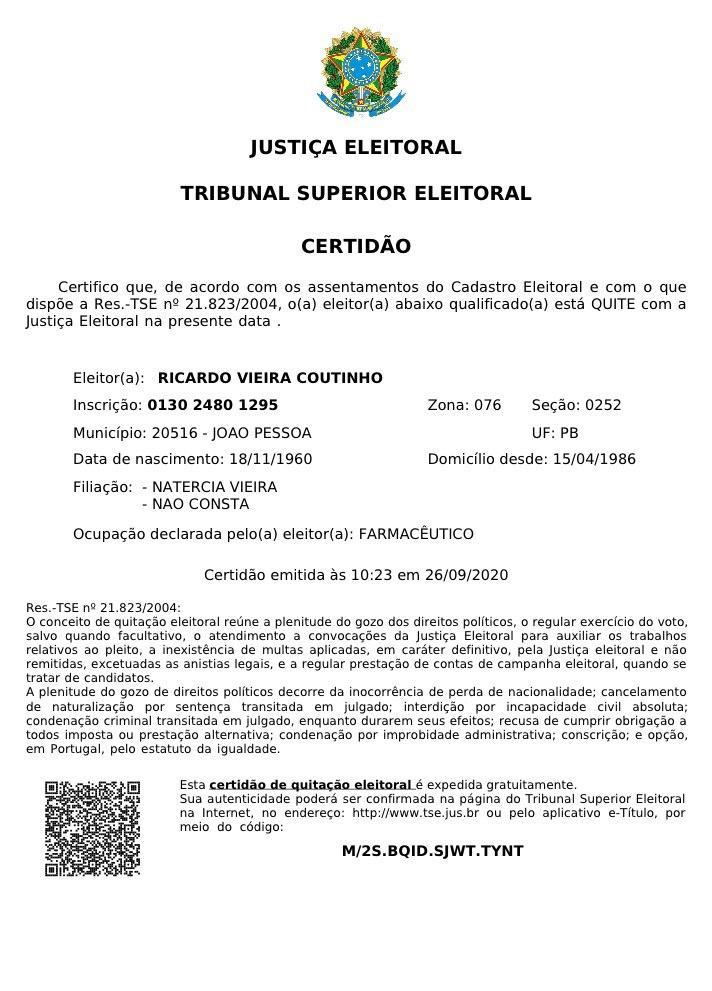 certidao-quitacao-eleitoral-ricardo-coutinho TSE emite certidão de quitação eleitoral de Ricardo Coutinho